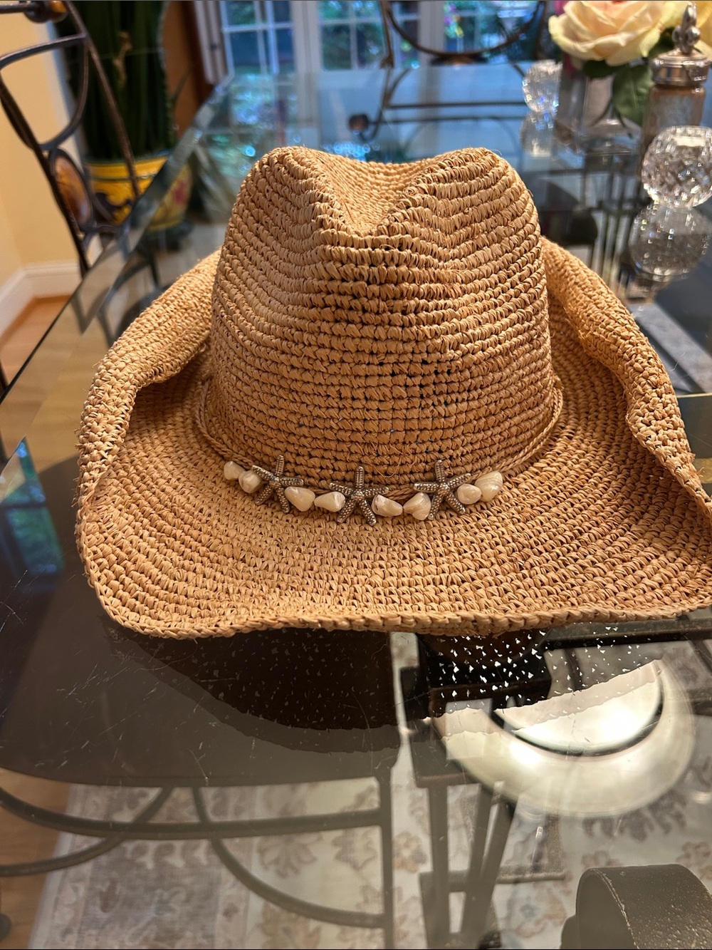 Boston Proper Tan Woven Straw Fedora with Shell Trim Never been worn.